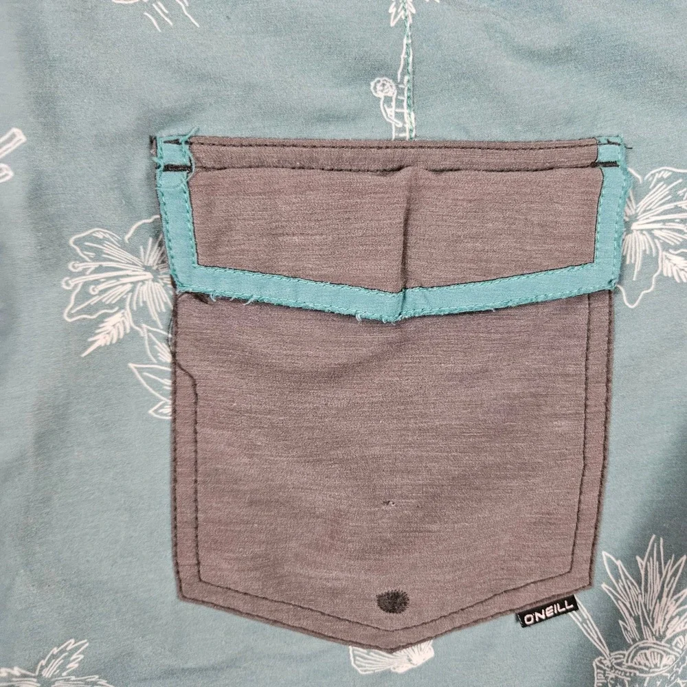 ONeill Hyperfreak Mens Board Shorts 32 Teal Aloha Tropical Print Stretch Swim - Picture 11 of 12